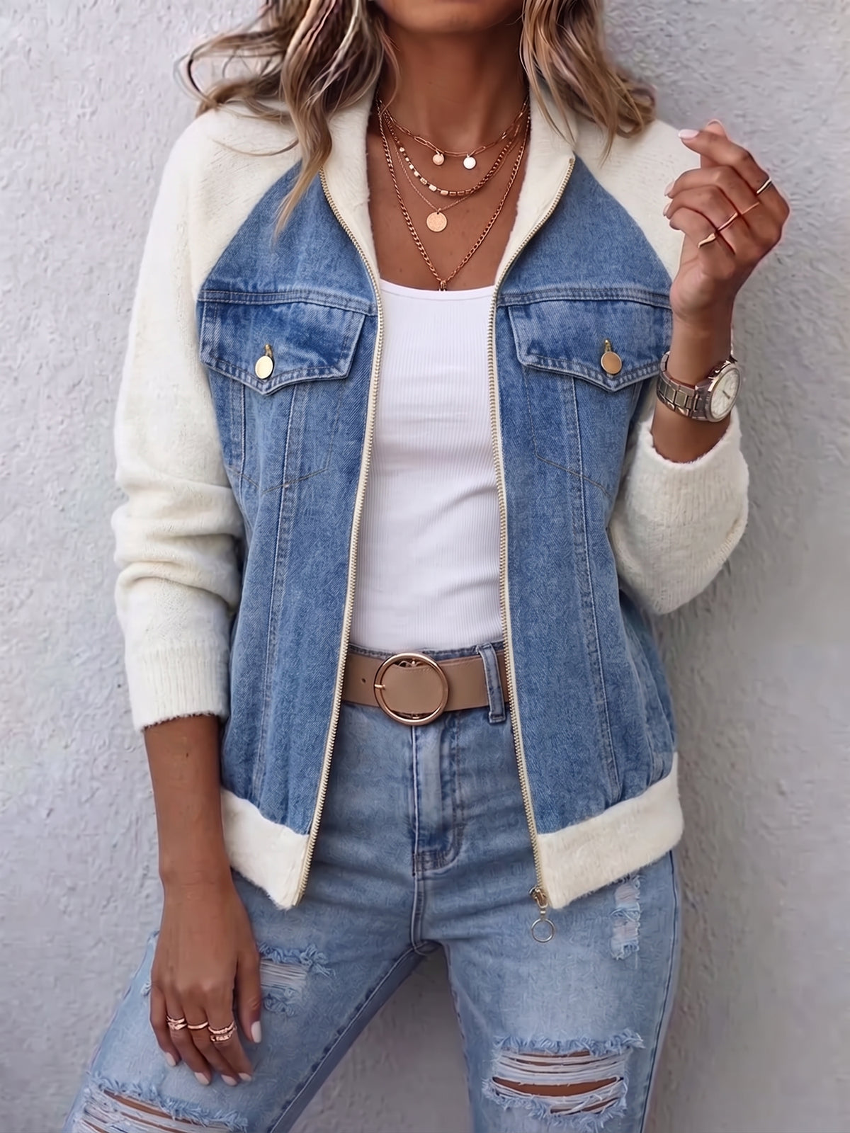 Women Denim Fleece Splice Zip‑Up Jacket Raglan Long Sleeve Bomber Coat With Chest Pockets