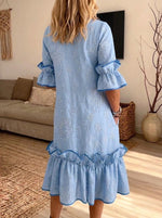 Women Embossed Floral Ruffle Midi Dress Loose Flounce Sleeve Dress With Pockets