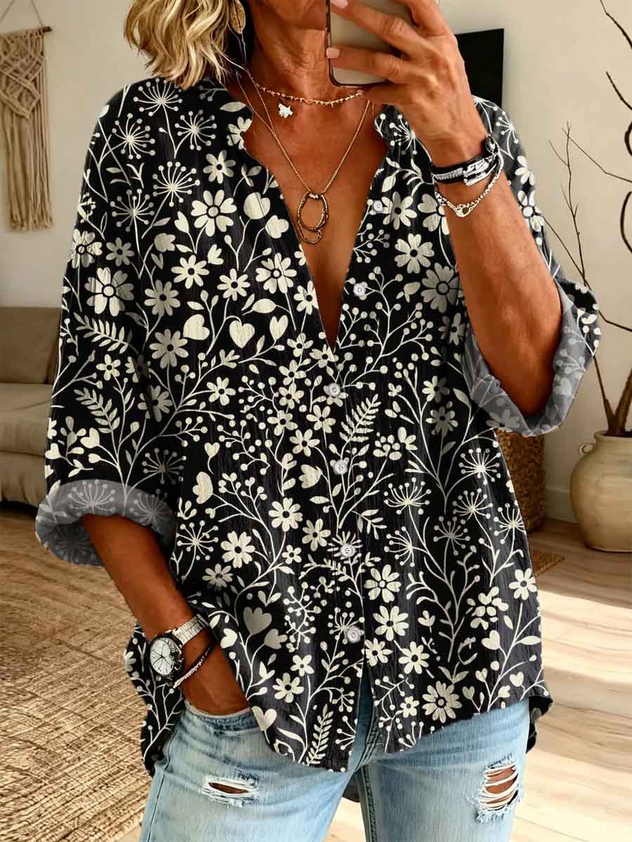 Retro Floral Pattern Art Print Casual Long Sleeve Cotton Linen Shirt