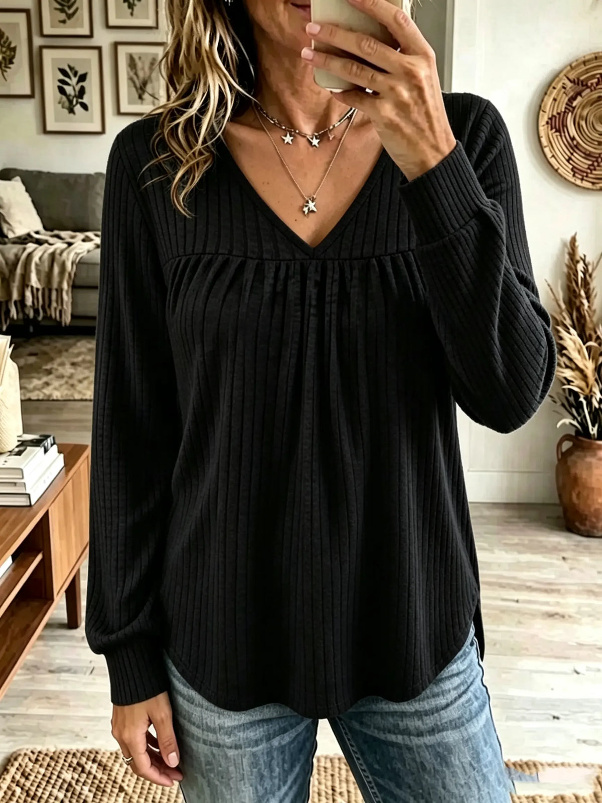 Women's Gathered Empire Waist V-Neck Knit Top