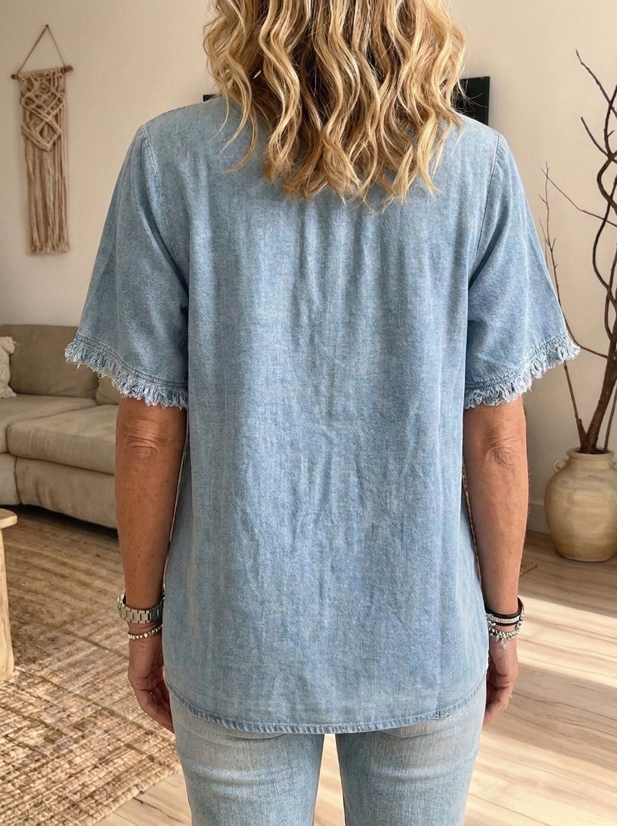Women Lace Ruffle Trim Denim Short Sleeve Henley Blouse