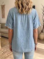 Women Lace Ruffle Trim Denim Short Sleeve Henley Blouse