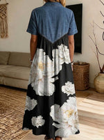 Women’s Denim Spliced White Peony Print Midi Shirt Dress With Pockets