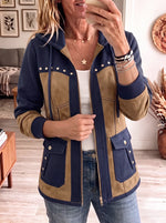 Women's Studded Hooded Jacket - Western Colorblock Zip-Up Utility Coat