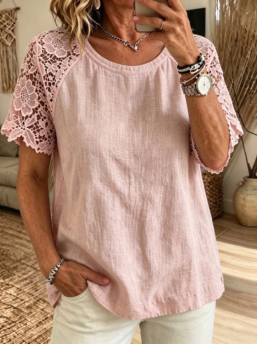 Womens Round Neck Floral Lace Raglan Short Sleeve Casual Blouse