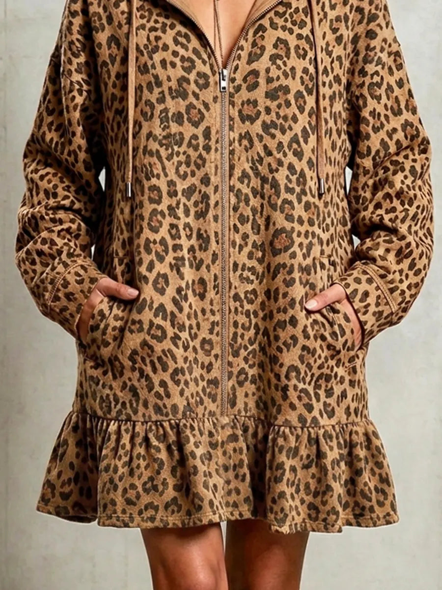 Retro Leopard Pattern Ruffle Art Casual Stylish Cotton Linen Mini Dress