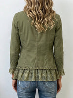 Women Olive Green Western Jacket Lace Ruffle Hem Long Sleeve Lapel Button Outerwear