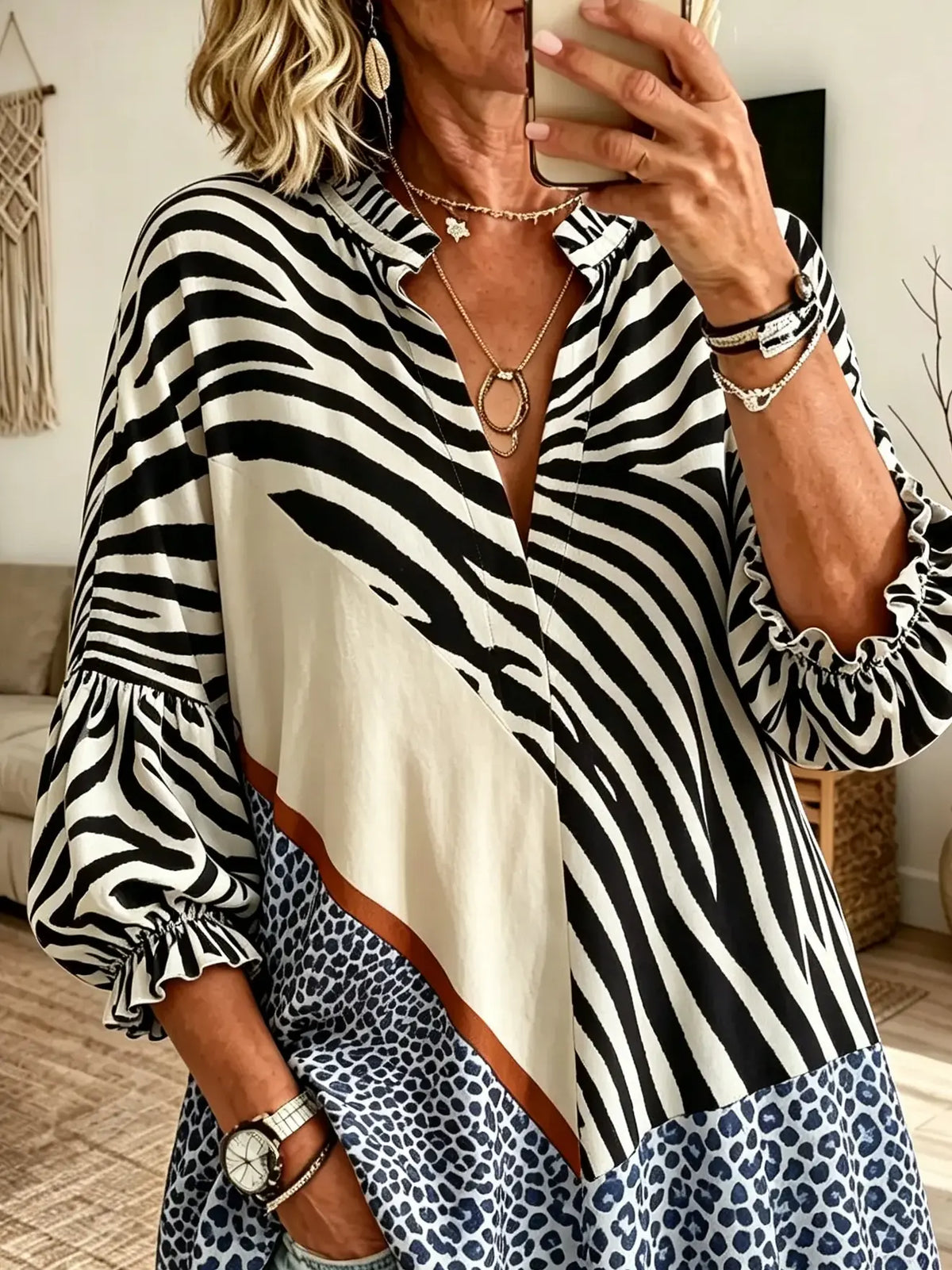 Women's Zebra Stripe Geometric Patchwork Print Stand Collar Bubble Sleeve Blouse