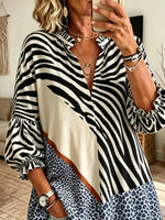Women's Zebra Stripe Geometric Patchwork Print Stand Collar Bubble Sleeve Blouse