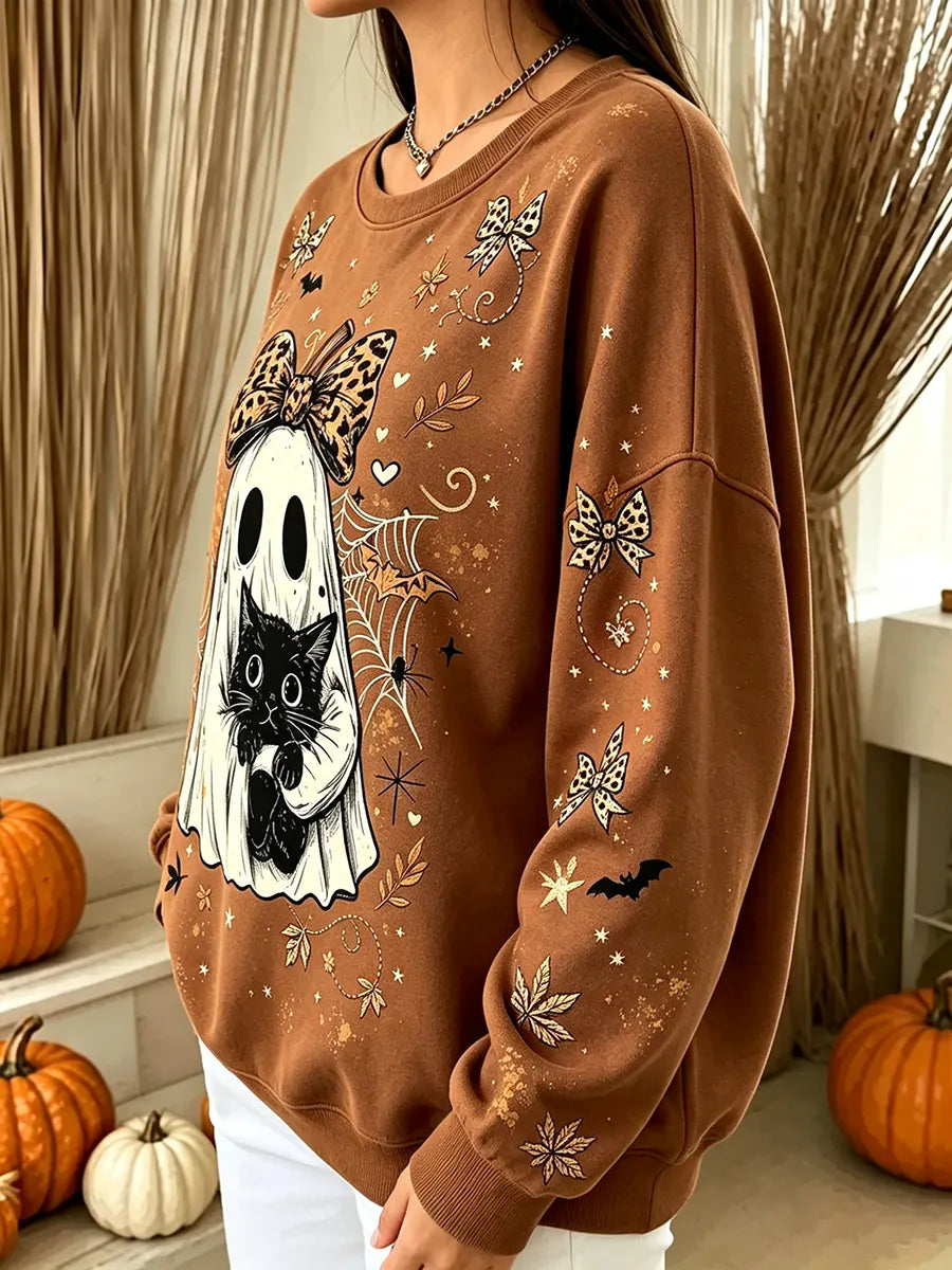 Vintage Autumn Halloween Ghost Black Cat Art Print Crewneck Sweatshirt
