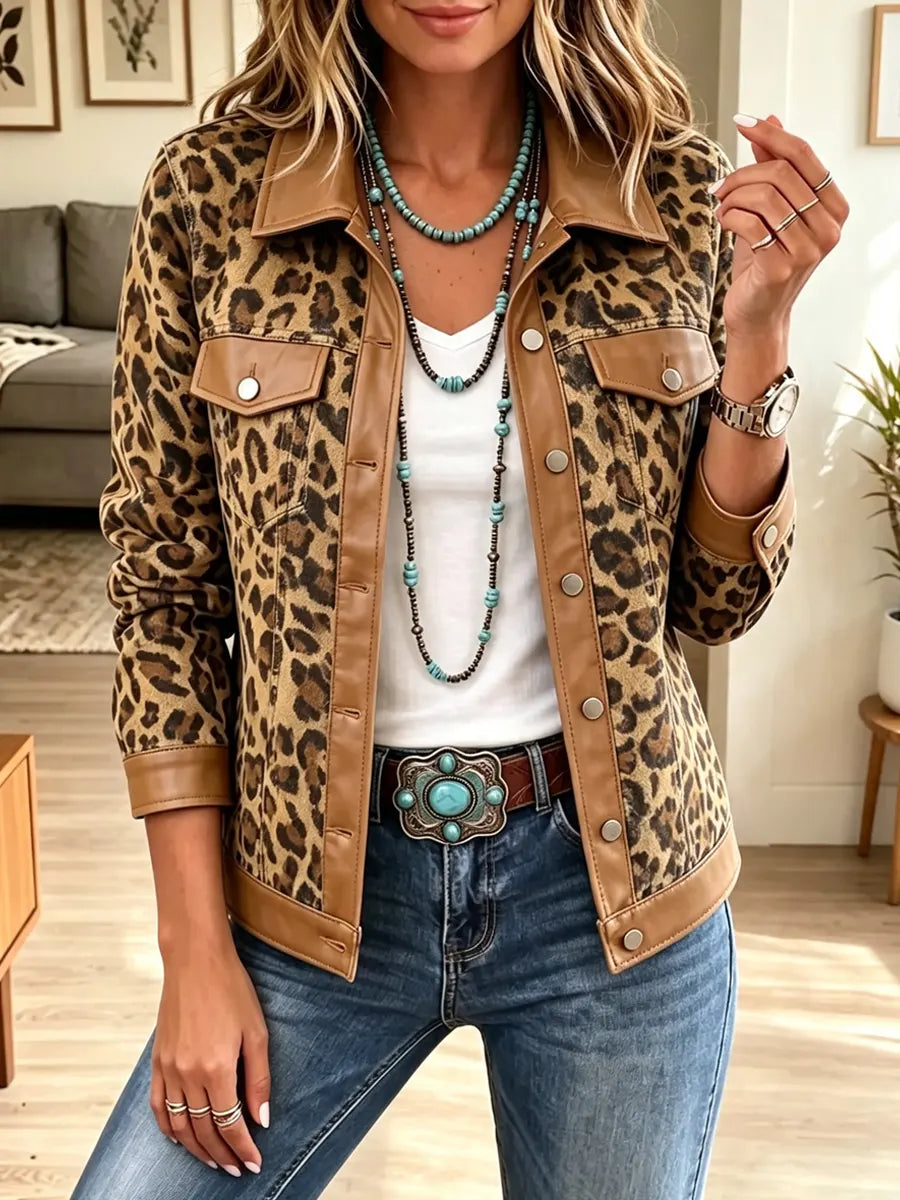 Retro Chic Leopard Pattern Patchwork Art Casual Stylish Long Sleeve Coat
