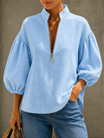 Retro Zip Art Casual Stylish 3/4 Sleeve Stand Collar Cotton Shirt