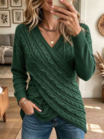 Women's Dark Green V-Neck Cable Knit Wrap Pullover Sweater
