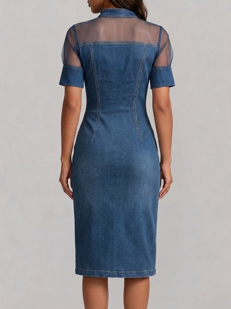 Stand Collar Mesh Spliced Wrap Button Front Denim Midi Dress