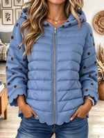 Women's Blue Polka Dot Hooded Puffer Jacket with Scalloped Hem