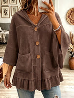 Vintage Elegant Hooded Waffle Knit Ruffle Shirt