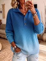 Women Glitter Lapel Henley Knit Sweater Long Sleeve Button Loose Pullover Top