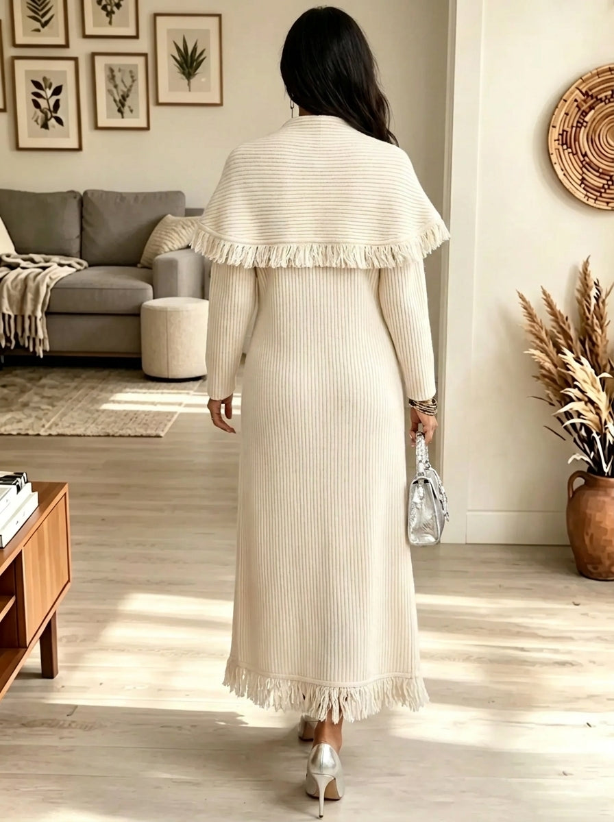 Women's Shawl Collar Fringe Trim Ribbed Knit Long Cardigan Coat