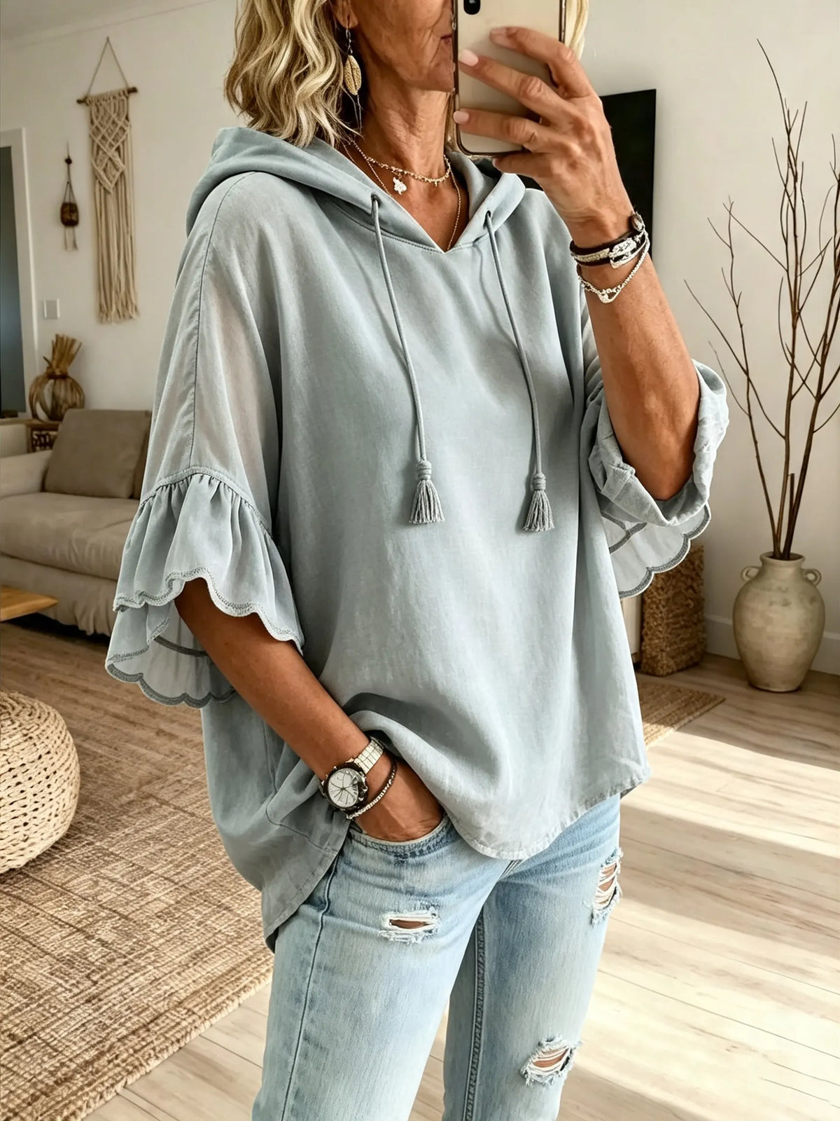 Women Solid Texture Ruffle Hooded Three-Quarter Sleeve Tunic