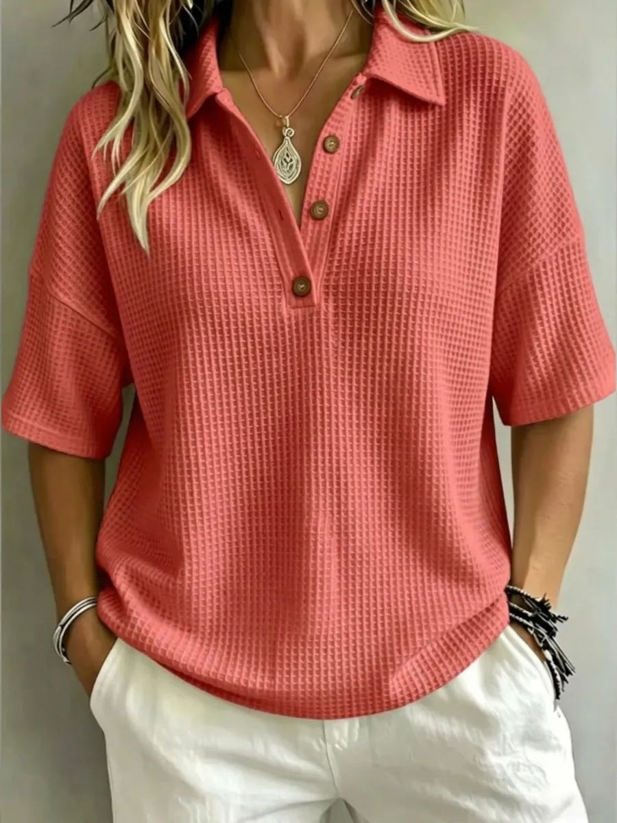 Solid Color Lapel Casual Short Sleeve Stylish Waffle Shirt