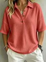 Solid Color Lapel Casual Short Sleeve Stylish Waffle Shirt