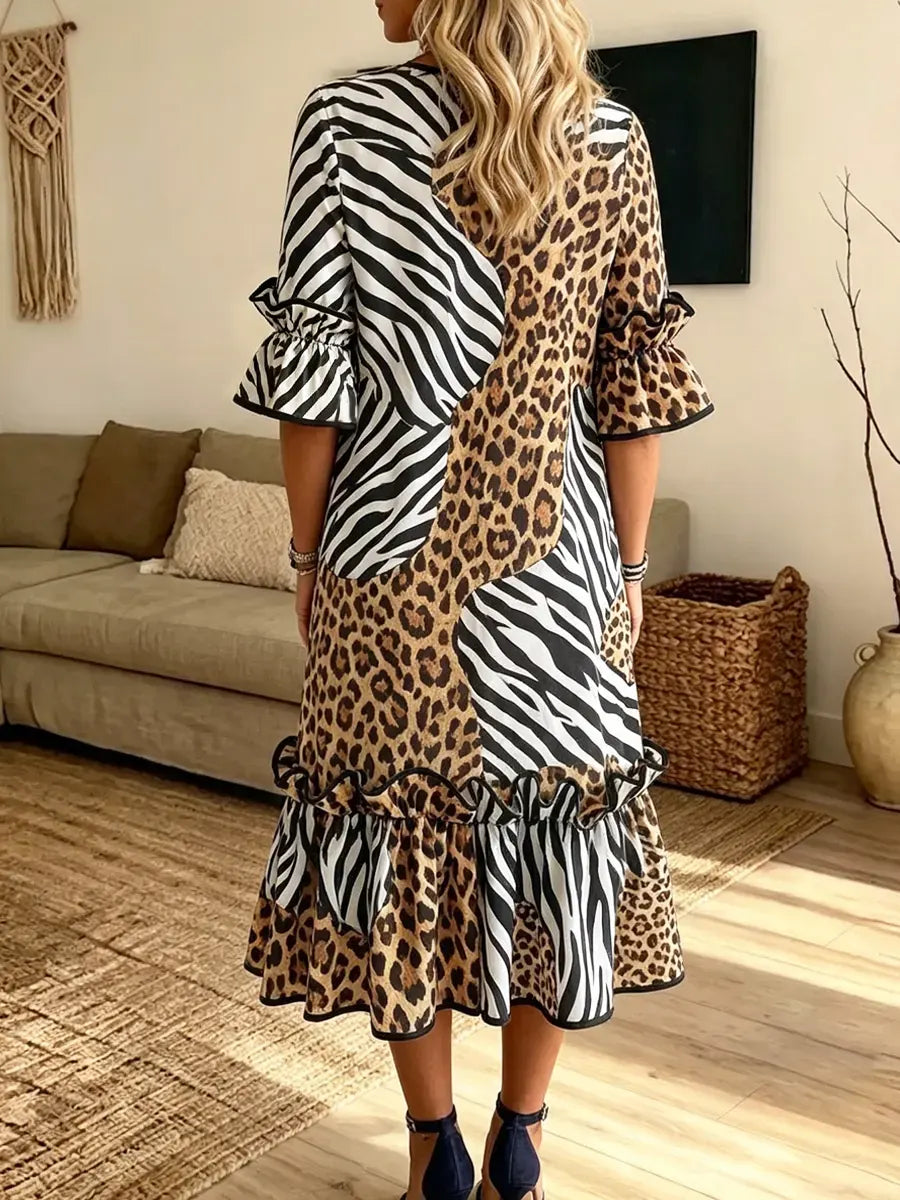 Retro Leopard Patchwork Pattern Art Print Casual Ruffle Stylish Cotton Linen Dress