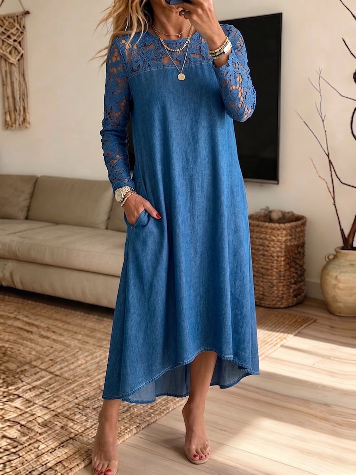 Women's Lace Spliced Denim Irregular Hem Midi Dress With Pockets