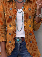 Retro Autumn Leaf Pattern Art Print Ruffle Casual Stylish Cotton Lapel Coat