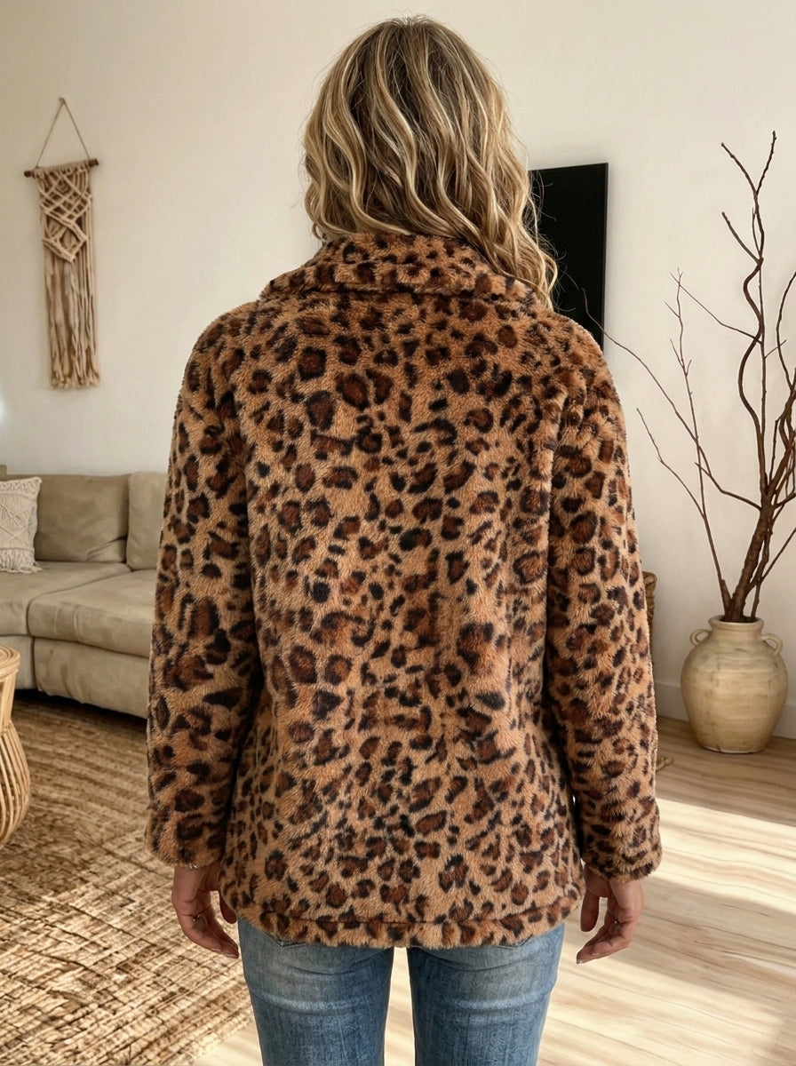 Women Leopard Print Fuzzy Fleece Jacket Lapel Button Down Warm Plush Coat