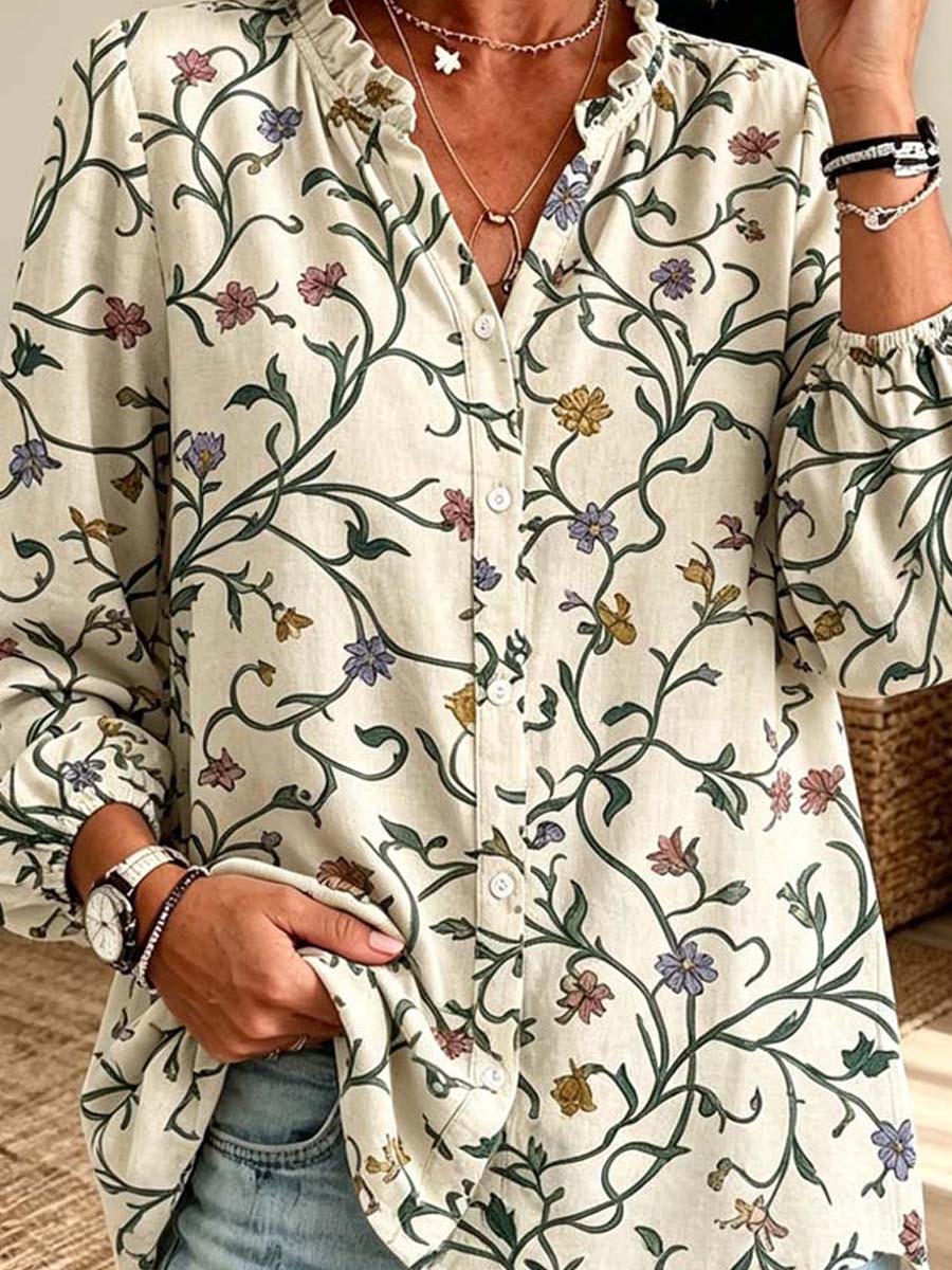 Retro Floral Pattern Art Print Casual Long Sleeve Cotton Linen Shirt