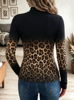 Women's Black and Brown Ombre Leopard Print Turtleneck Long Sleeve Top