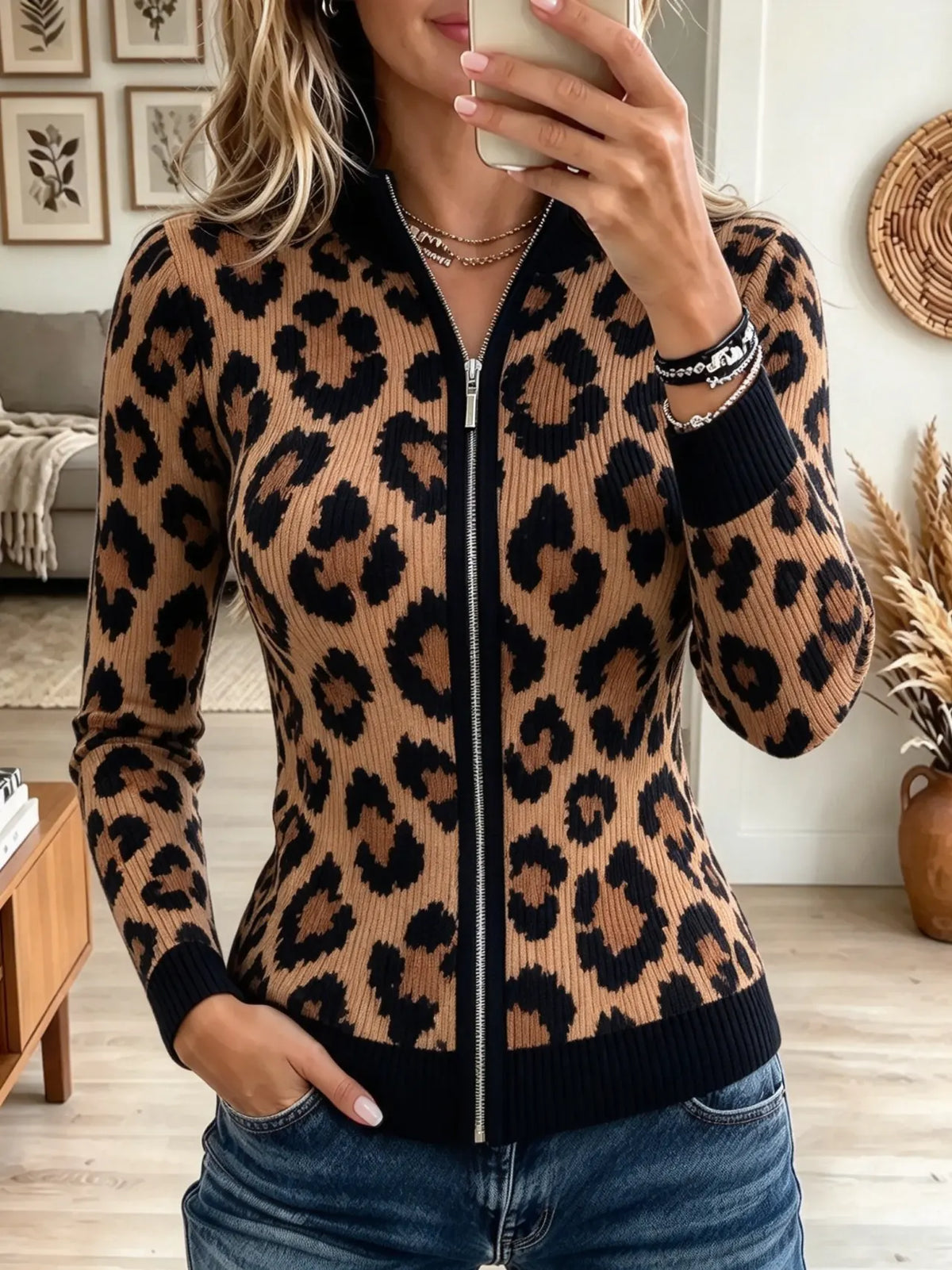 Women's Leopard Print Full-Zip Ribbed Knit Jacket