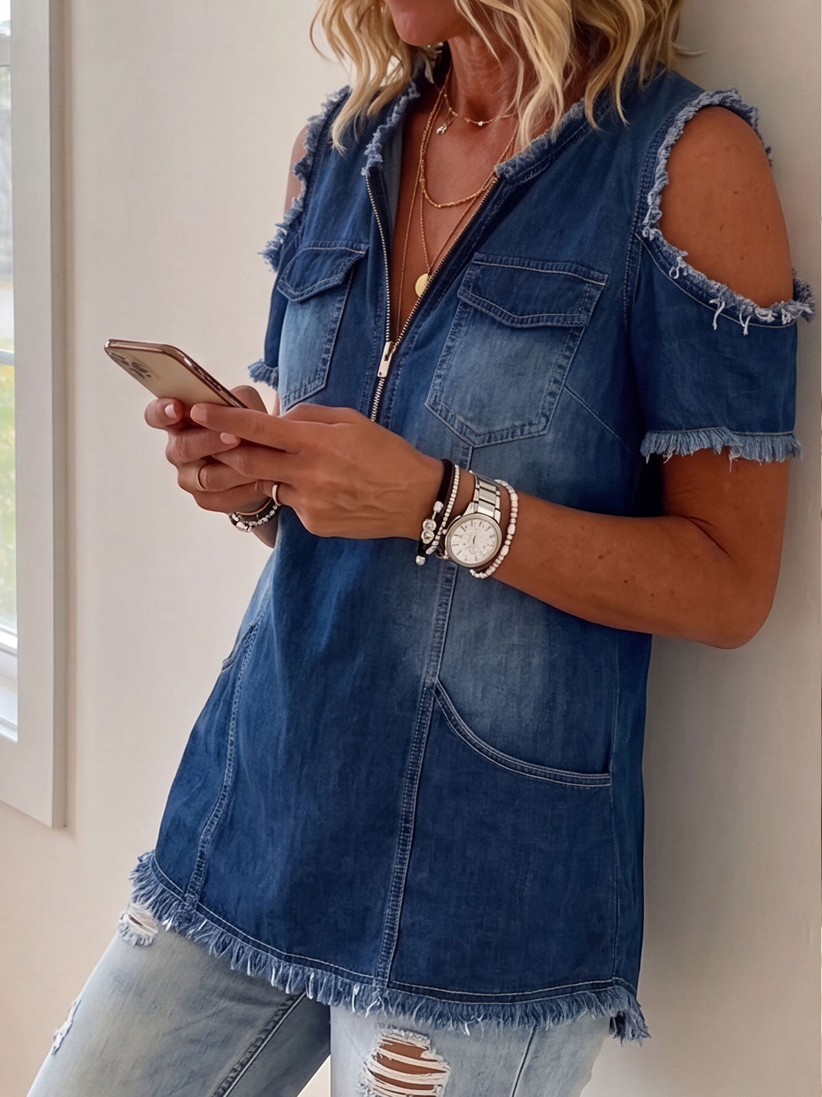 Womens Zip V Neck Cold Shoulder Fringe Washed Denim Blouse With Pockets