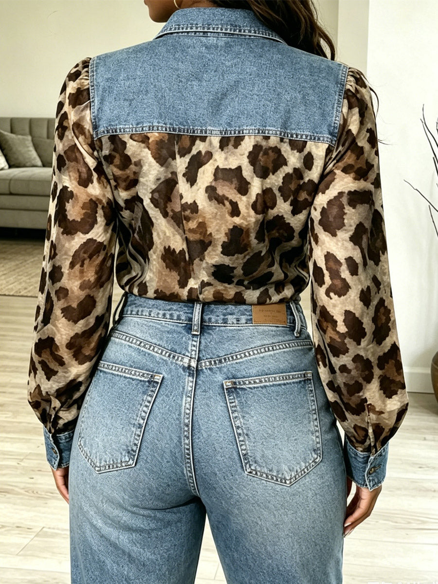Retro Leopard Art Print Casual Stylish Chiffon Denim Patchwork Shirt