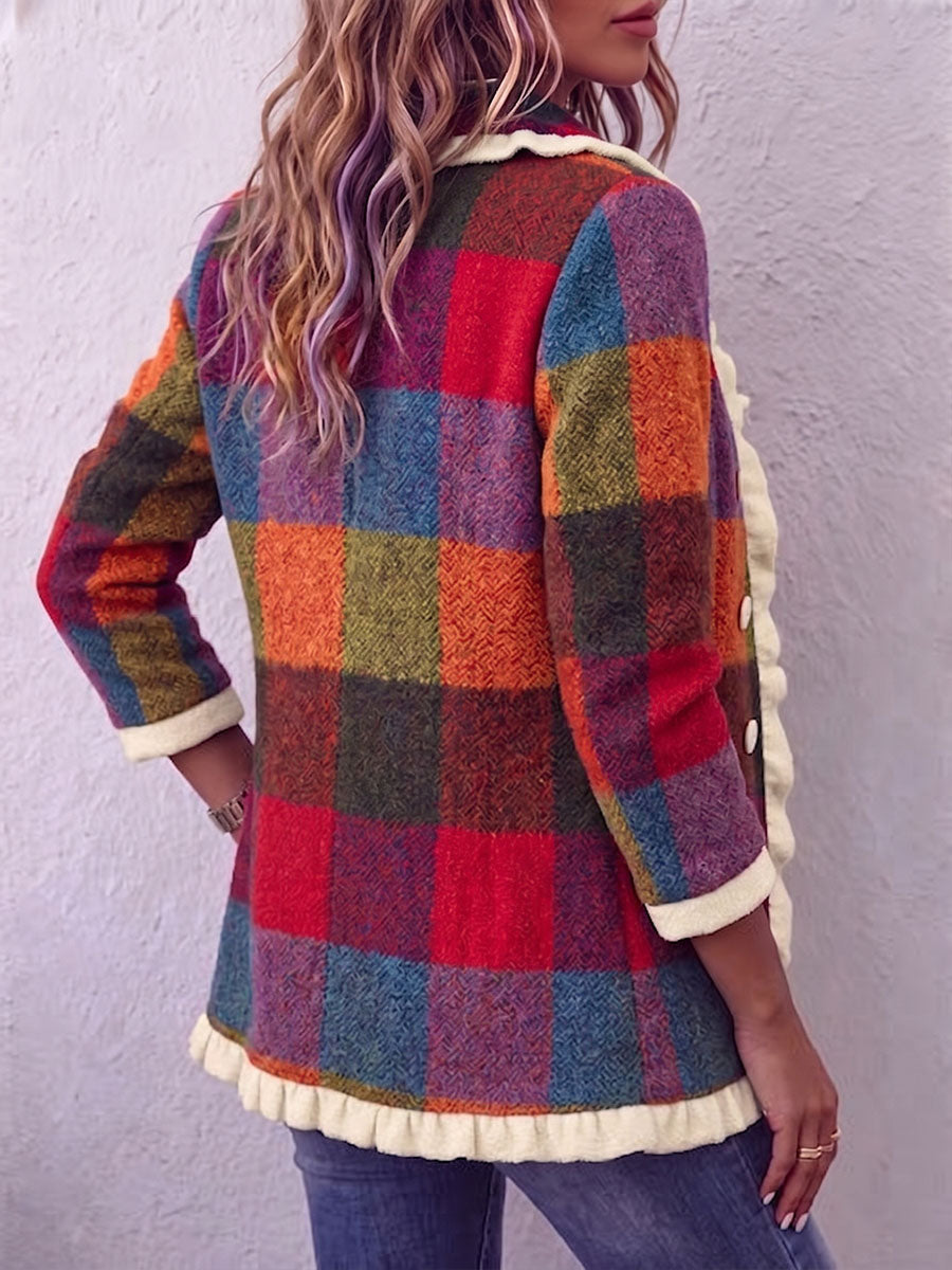 Vintage Elegant Plaid Patchwork Ruffled Jacket