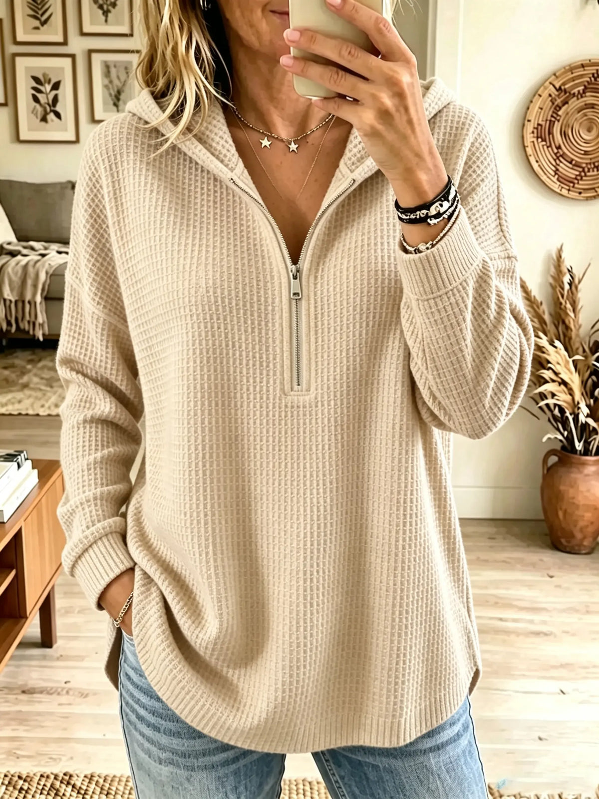Women's Half-Zip Waffle Knit Hooded Pullover