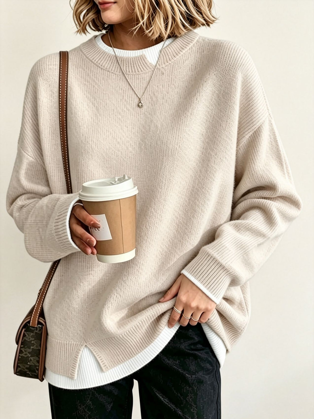 Women Light Blue Mock Loose Long Sleeve Knit Sweater