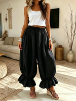 Women Solid Elastic Waist Ruffle Lantern Wide Leg Pants