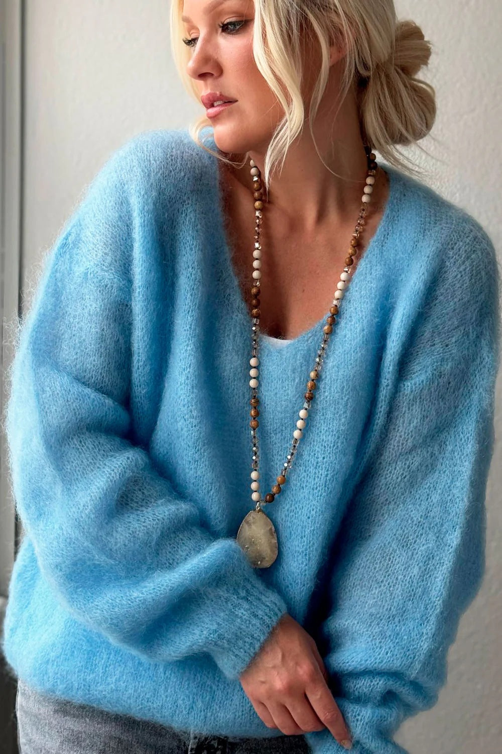 Women Sky Blue Fuzzy V‑Neck Oversized Long Sleeve Knit Sweater