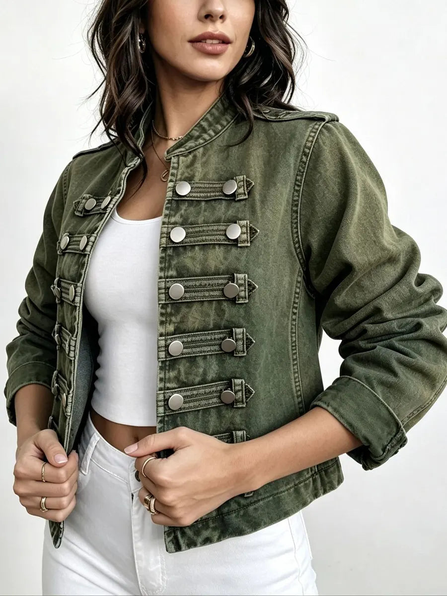 Retro Solid Color Stand Collar Art Casual Stylish Long Sleeve Denim Coat