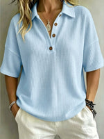 Solid Color Lapel Casual Short Sleeve Stylish Waffle Shirt