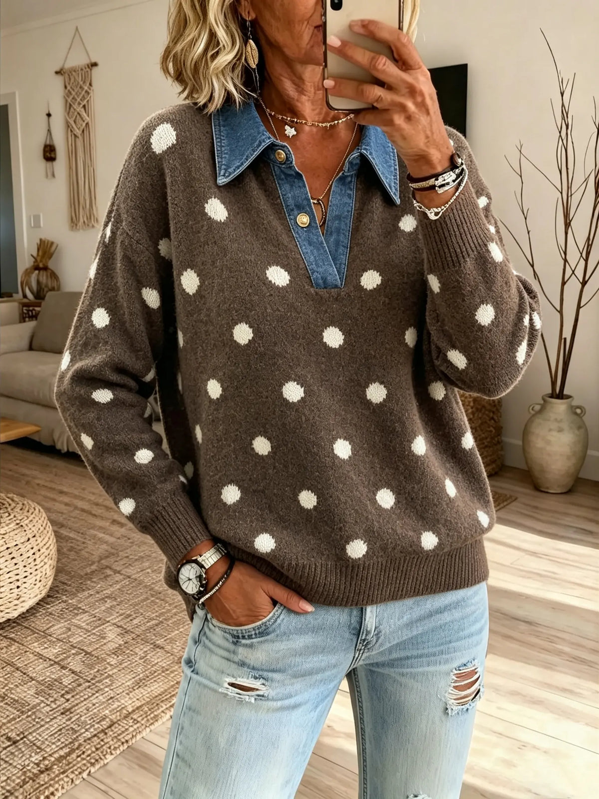 Women Polka Dot Print Denim Collar Fake Two Piece Knit Long Sleeve Top