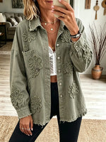 Women's Floral Applique Frayed Denim Jacket