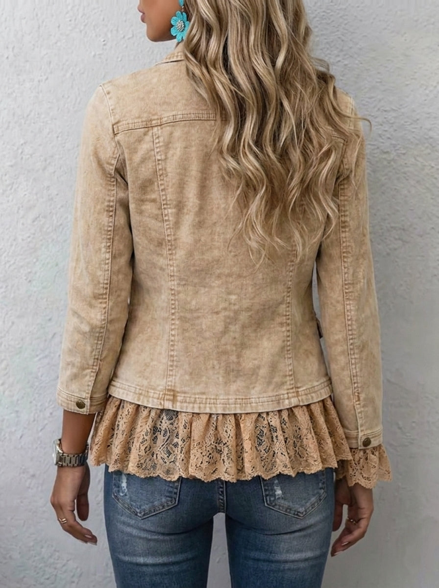 Women Vintage Washed Lapel Jacket Lace Ruffle Hem Long Sleeve Button Down Western Outerwear