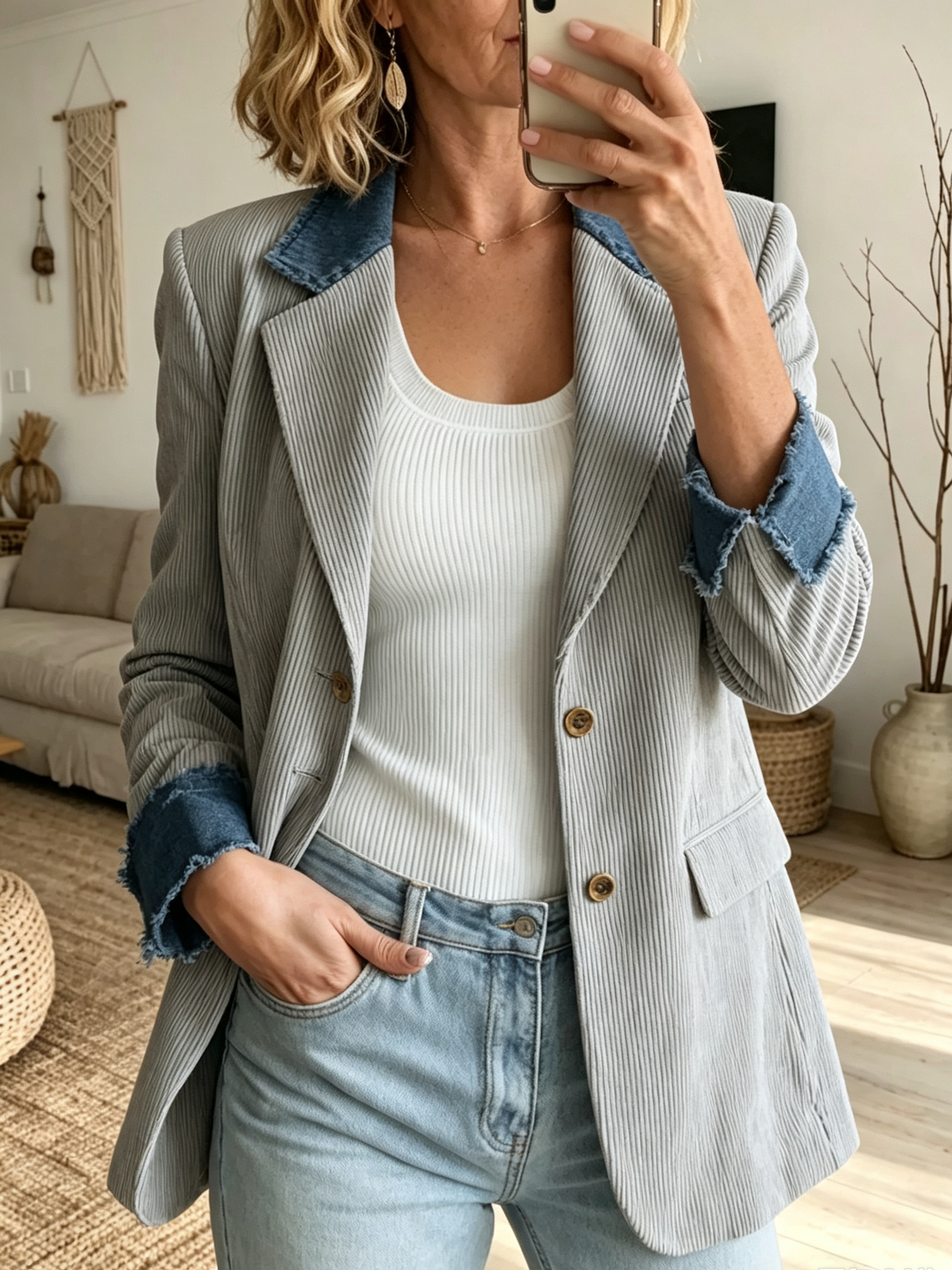 Women's Corduroy Blazer with Denim Trim