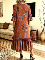Retro Floral Pattern Art Print Casual Ruffle Stylish Cotton Linen Dress