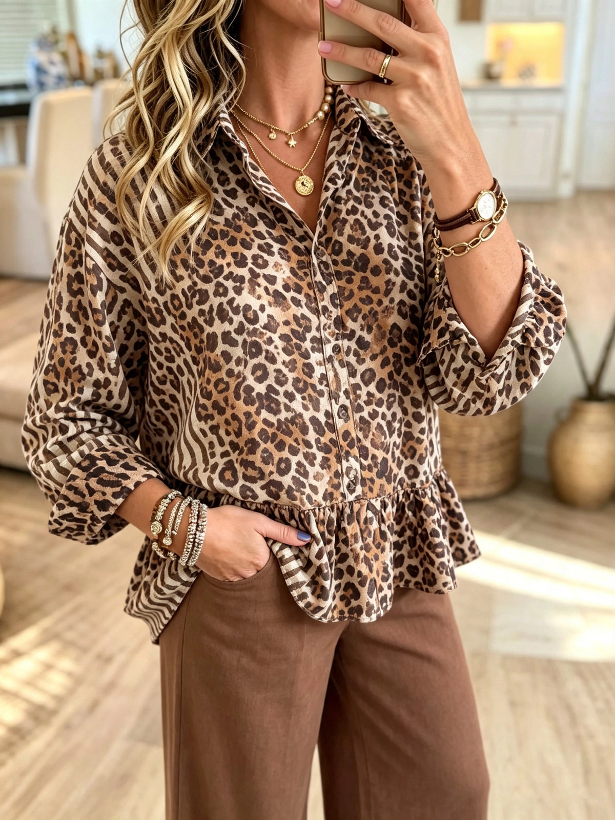 Women's Leopard Print Ruffle Hem Shirt