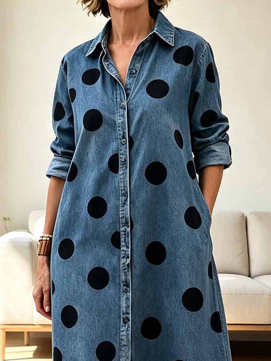 Retro Polka Dot Pattern Art Print Casual Lapel Stylish Denim Dress