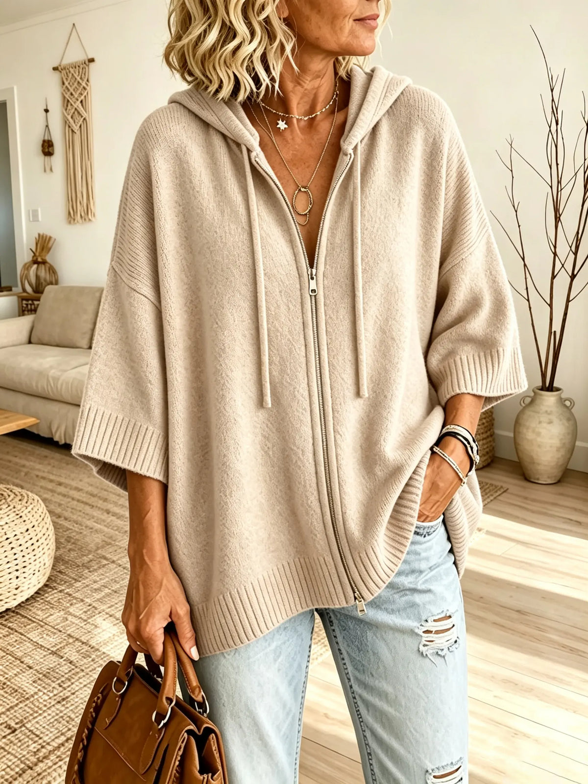 Women Solid Texture 3/4 Sleeve Zip Up Hooded Knit Top