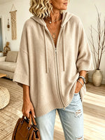 Women Solid Texture 3/4 Sleeve Zip Up Hooded Knit Top